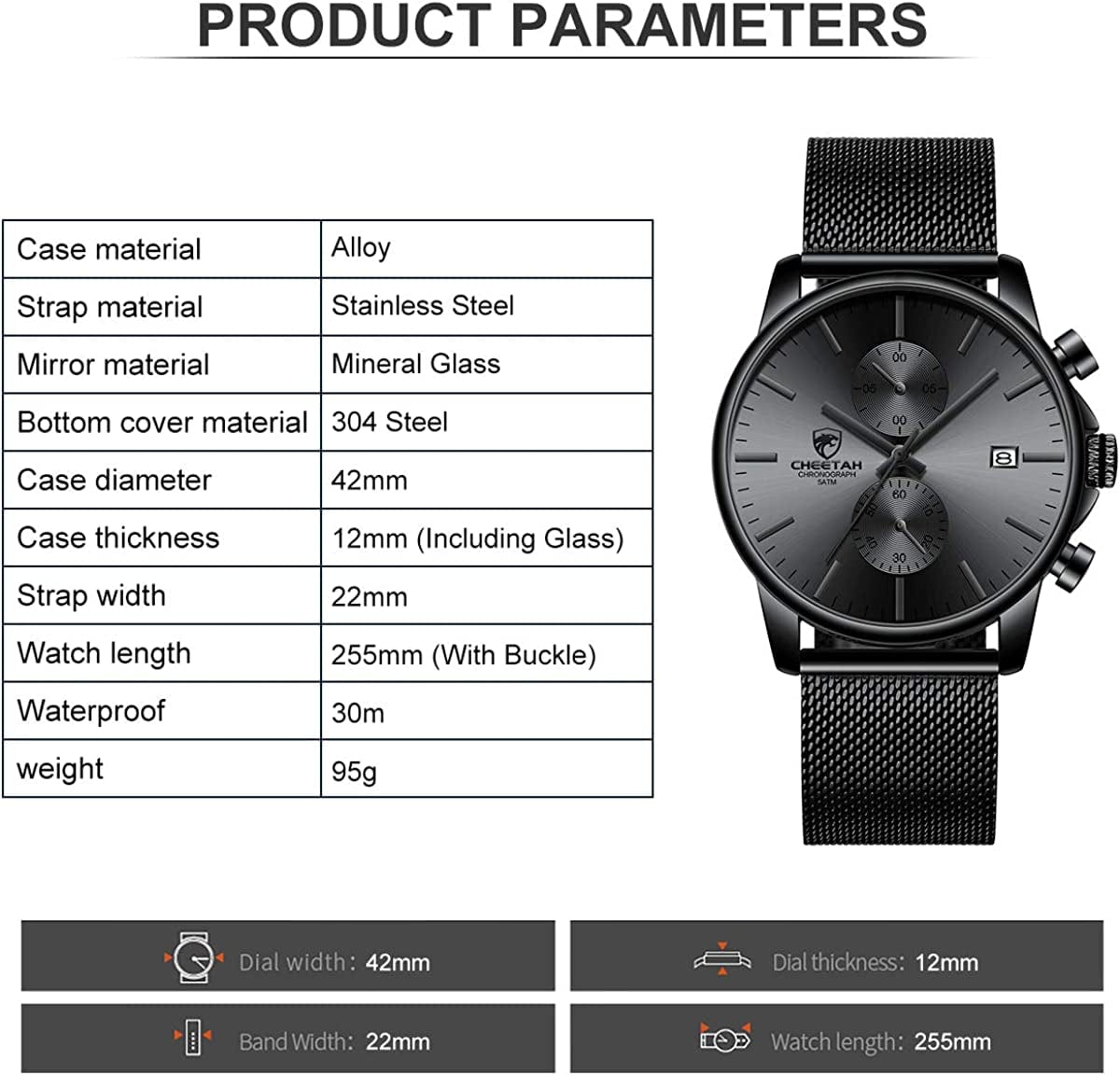 Mens Watch Fashion Sleek Minimalist Quartz Analog Mesh Stainless Steel Waterproof Chronograph Watches for Men with Auto Date