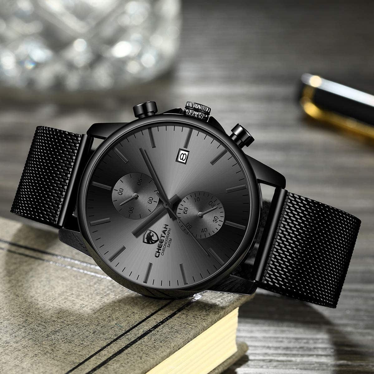 Mens Watch Fashion Sleek Minimalist Quartz Analog Mesh Stainless Steel Waterproof Chronograph Watches for Men with Auto Date