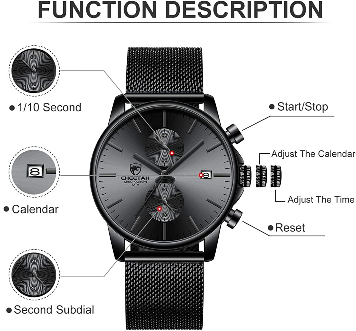 Mens Watch Fashion Sleek Minimalist Quartz Analog Mesh Stainless Steel Waterproof Chronograph Watches for Men with Auto Date
