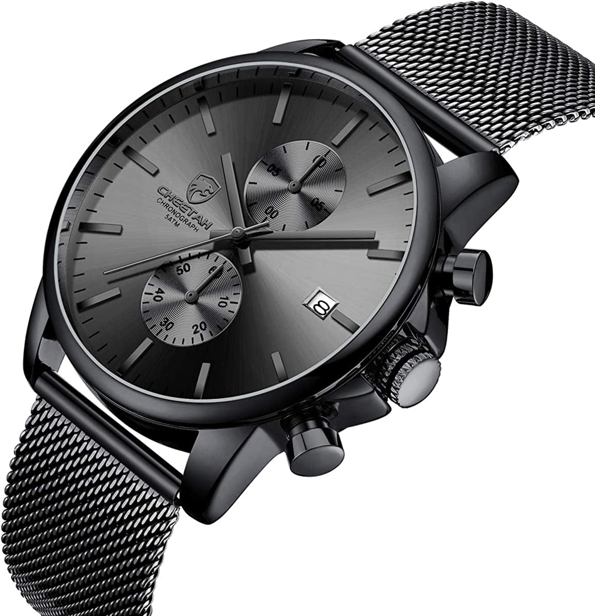 Mens Watch Fashion Sleek Minimalist Quartz Analog Mesh Stainless Steel Waterproof Chronograph Watches for Men with Auto Date