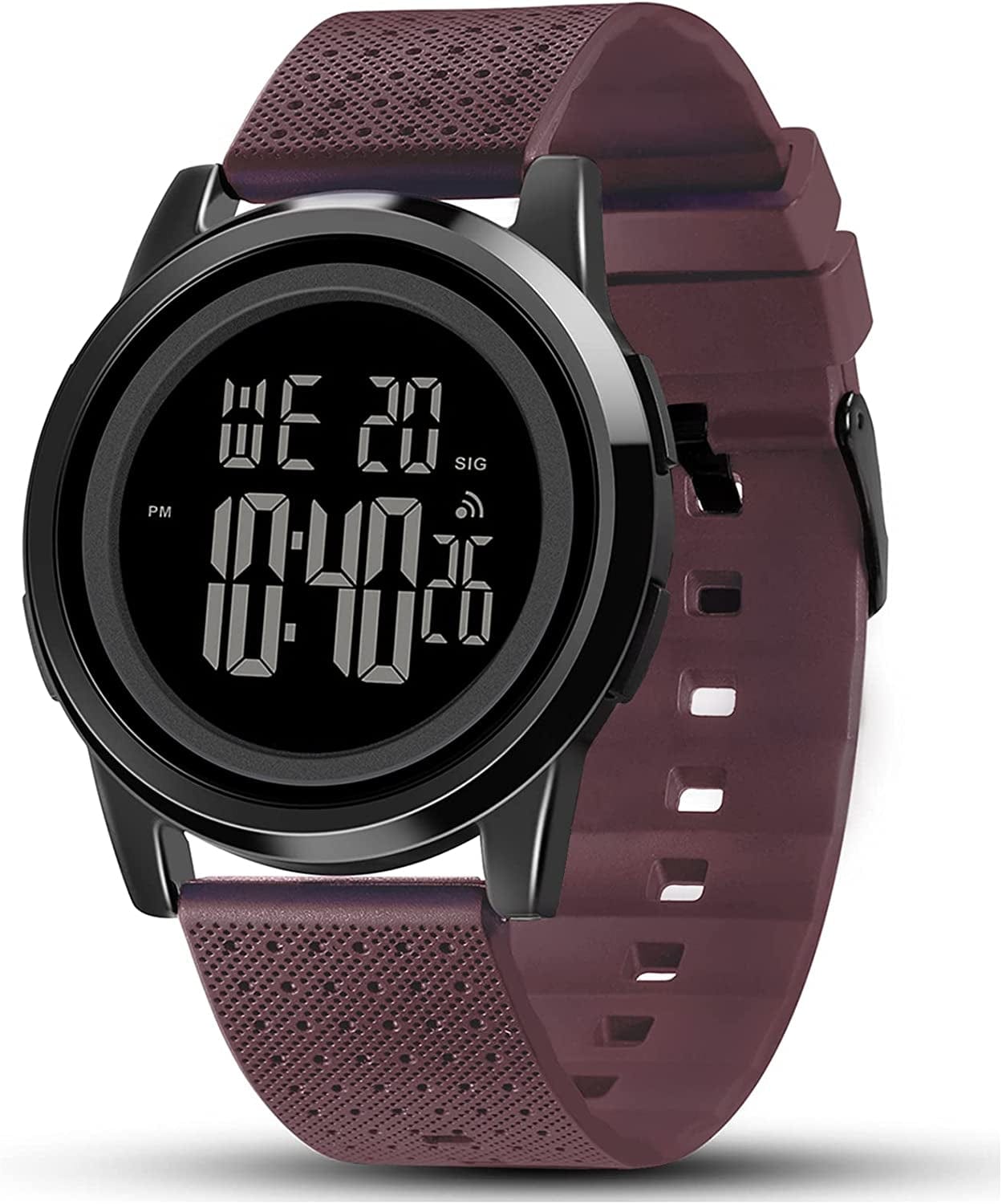 Mens Watch Ultra-Thin Digital Sports Watch Waterproof Stainless Steel Fashion Wrist Watch for Men Women Burgundy