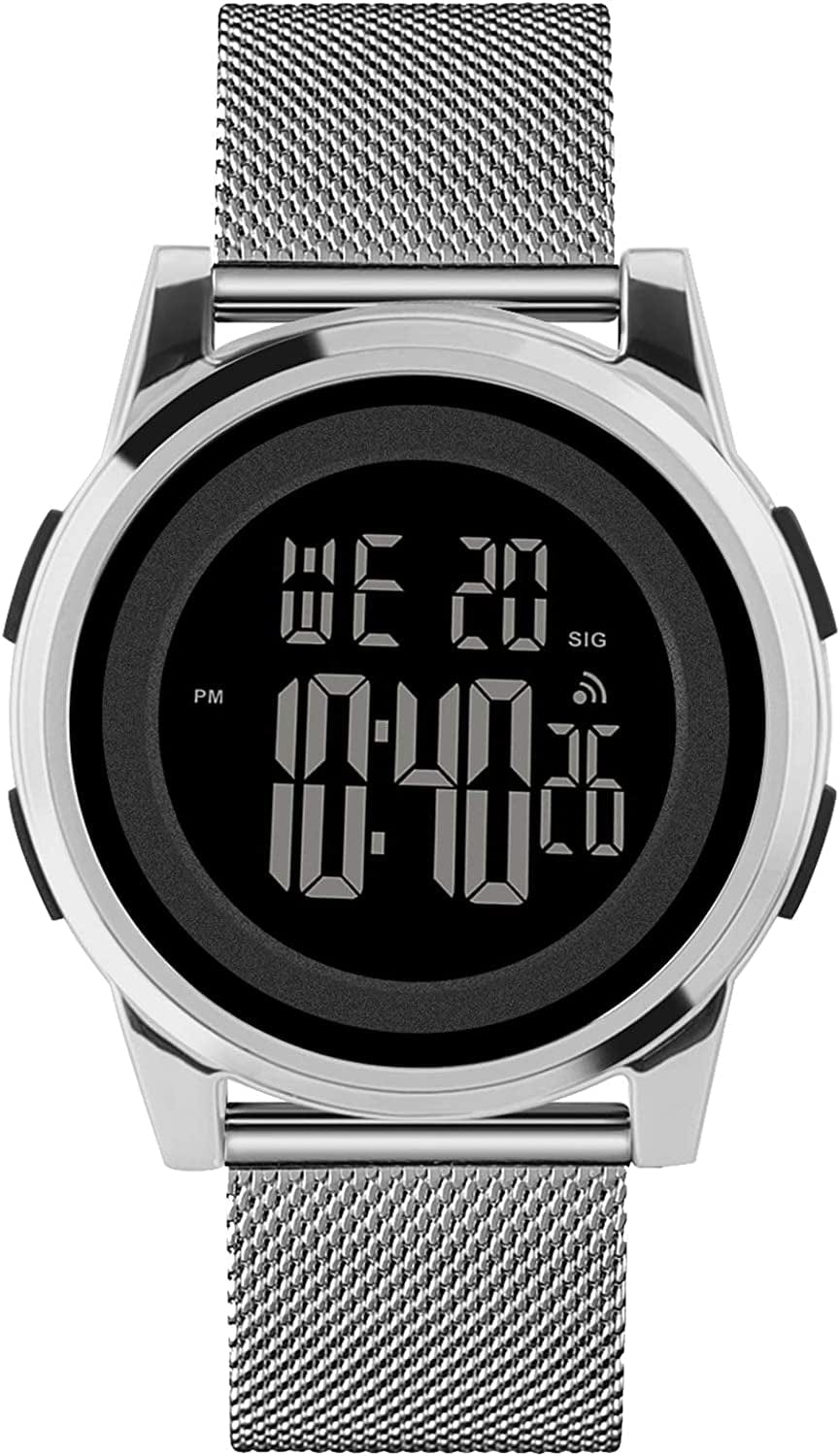 Mens Watch Ultra-Thin Digital Sports Watch Waterproof Stainless Steel Fashion Wrist Watch for Men Women Silver Mesh Band