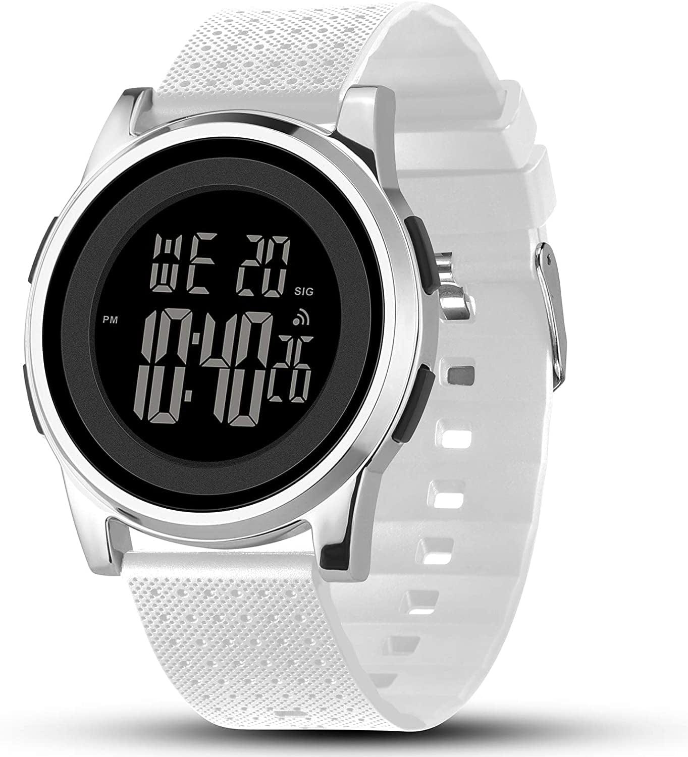 Mens Watch Ultra-Thin Digital Sports Watch Waterproof Stainless Steel Fashion Wrist Watch for Men Women Silver White