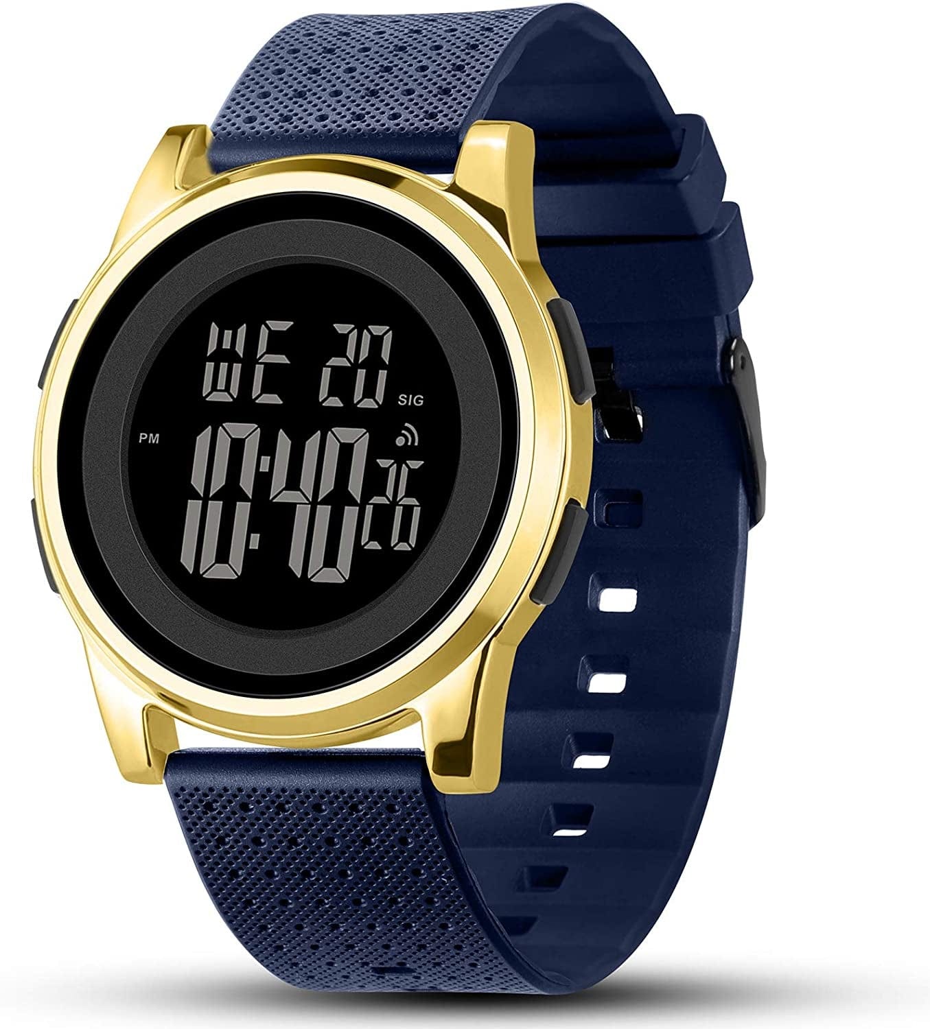 Mens Watch Ultra-Thin Digital Sports Watch Waterproof Stainless Steel Fashion Wrist Watch for Men Women Gold Navy-blue