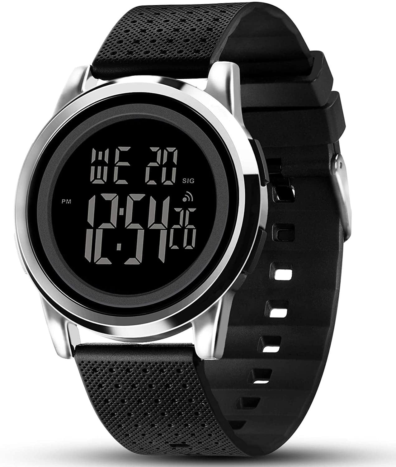 Mens Watch Ultra-Thin Digital Sports Watch Waterproof Stainless Steel Fashion Wrist Watch for Men Women Silver