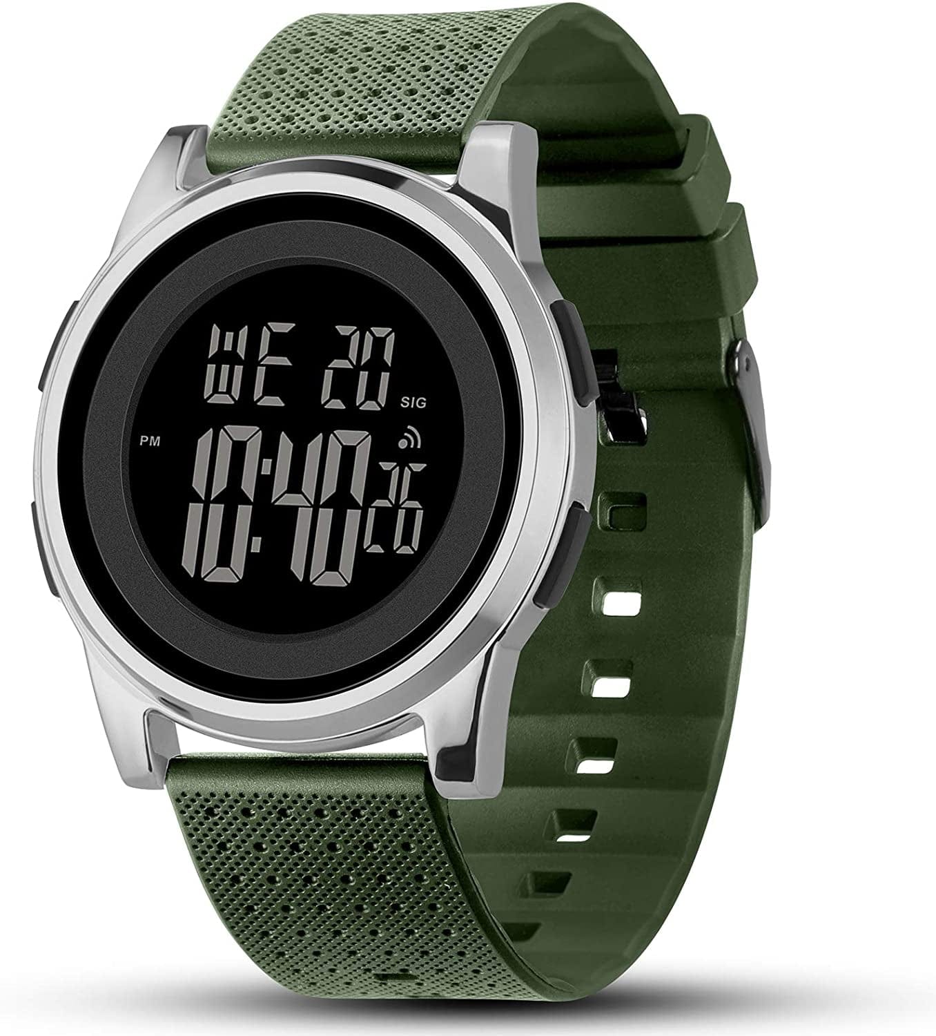 Mens Watch Ultra-Thin Digital Sports Watch Waterproof Stainless Steel Fashion Wrist Watch for Men Women Silver Green