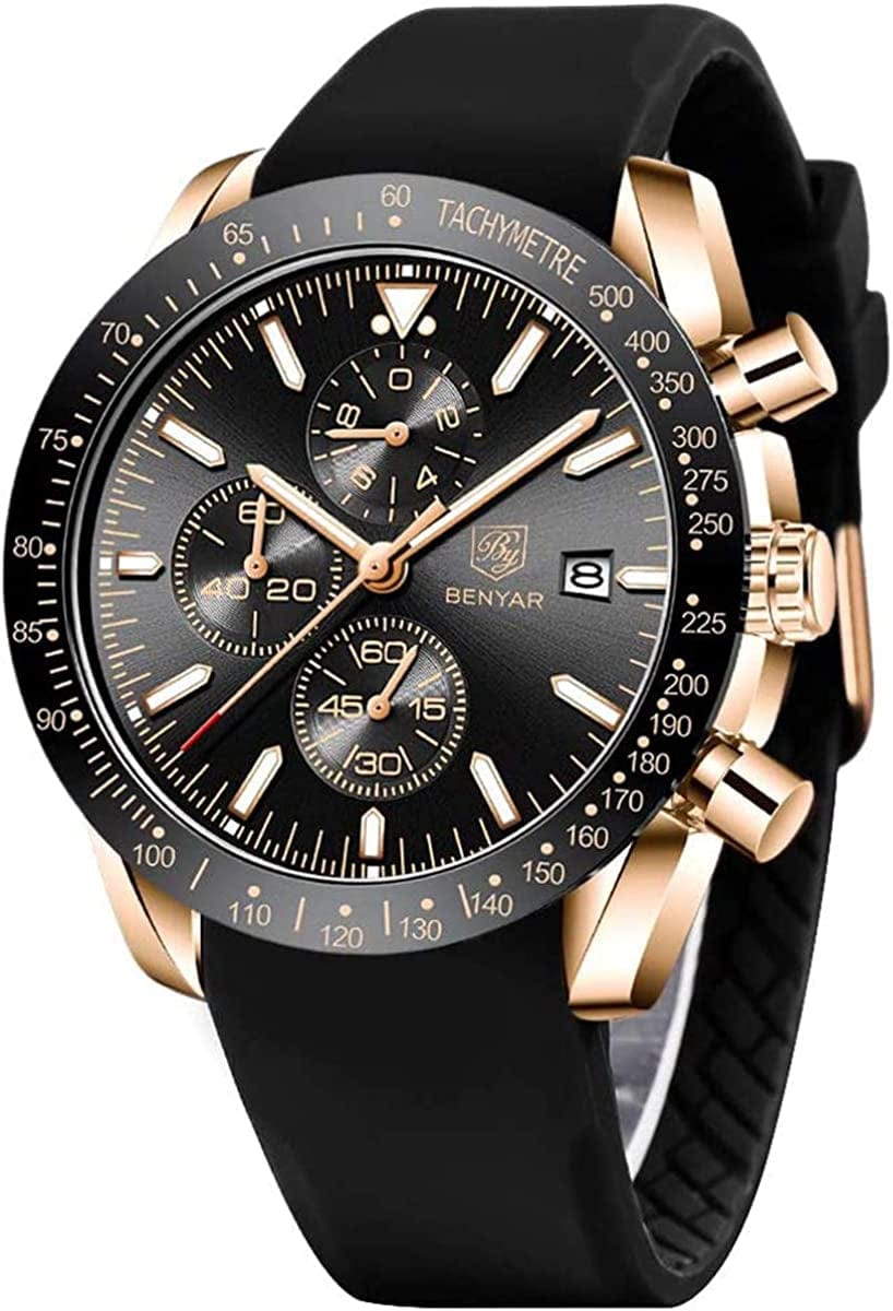 Mens Watches by BENYAR Chronograph Analog Quartz Movement Stylish Sports Designer Wrist Watch 30M Waterproof Elegant Gift Watch for Men Black Golden Black