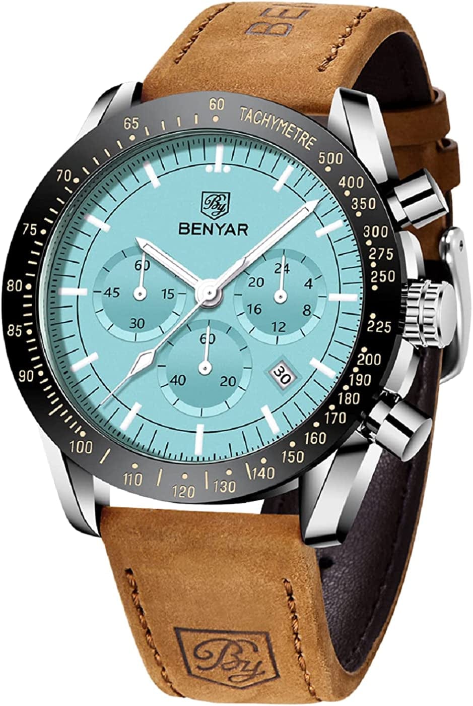 Mens Watches by BENYAR Chronograph Analog Quartz Movement Stylish Sports Designer Wrist Watch 30M Waterproof Elegant Gift Watch for Men Light Blue
