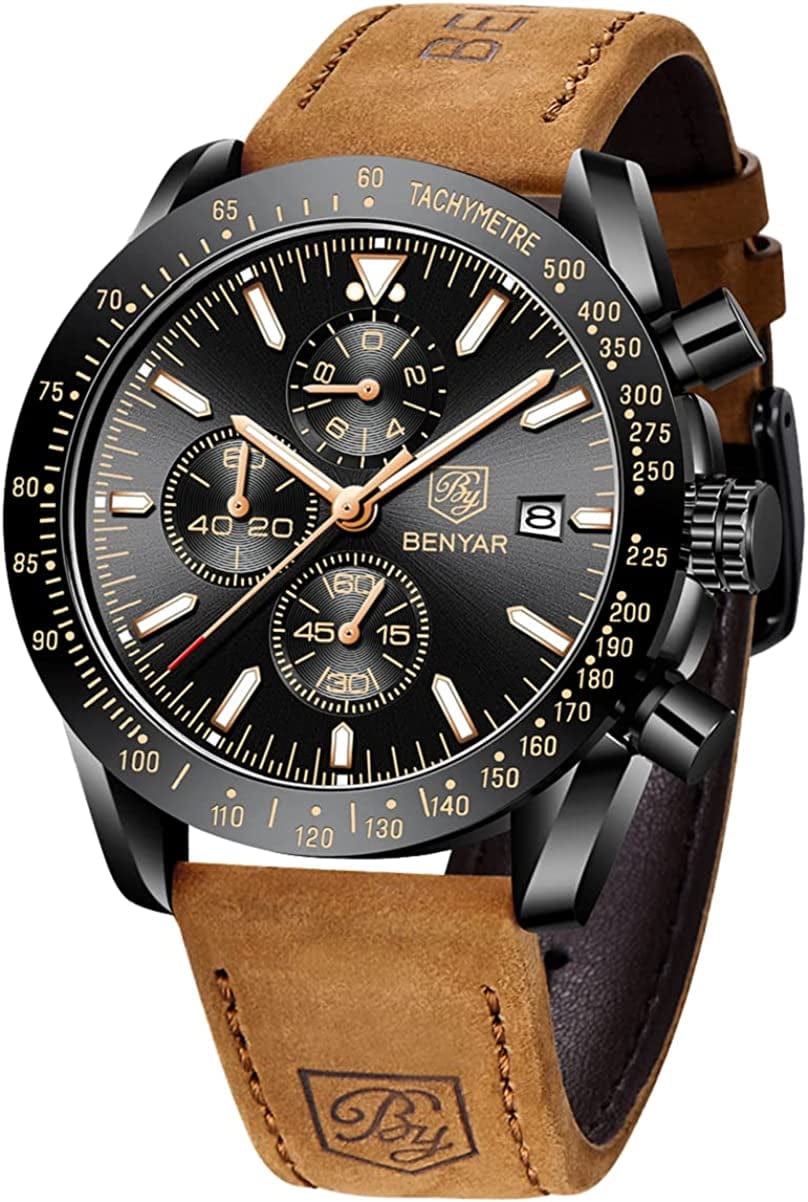 Mens Watches by BENYAR Chronograph Analog Quartz Movement Stylish Sports Designer Wrist Watch 30M Waterproof Elegant Gift Watch for Men Black Black