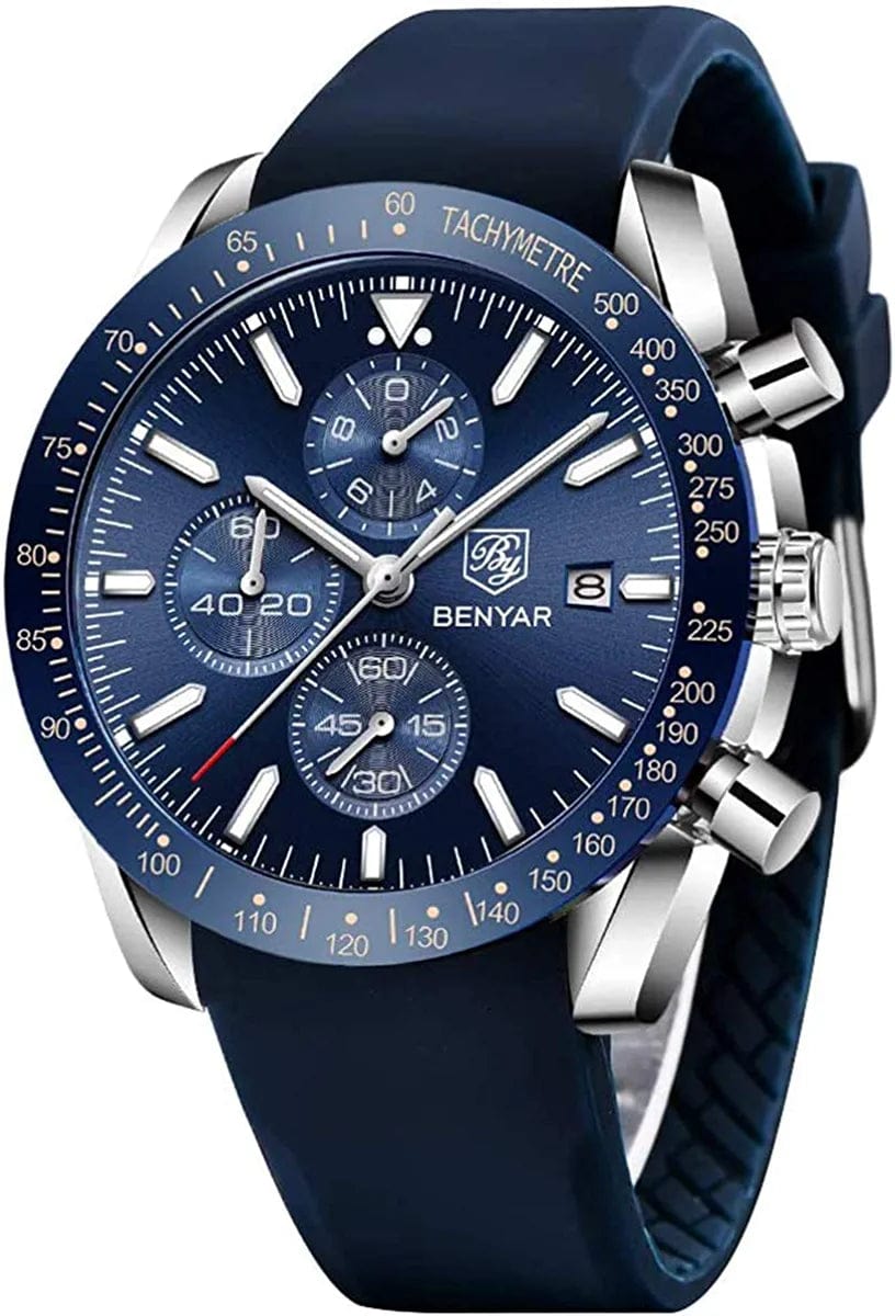 Mens Watches by BENYAR Chronograph Analog Quartz Movement Stylish Sports Designer Wrist Watch 30M Waterproof Elegant Gift Watch for Men Silicone Silver Blue