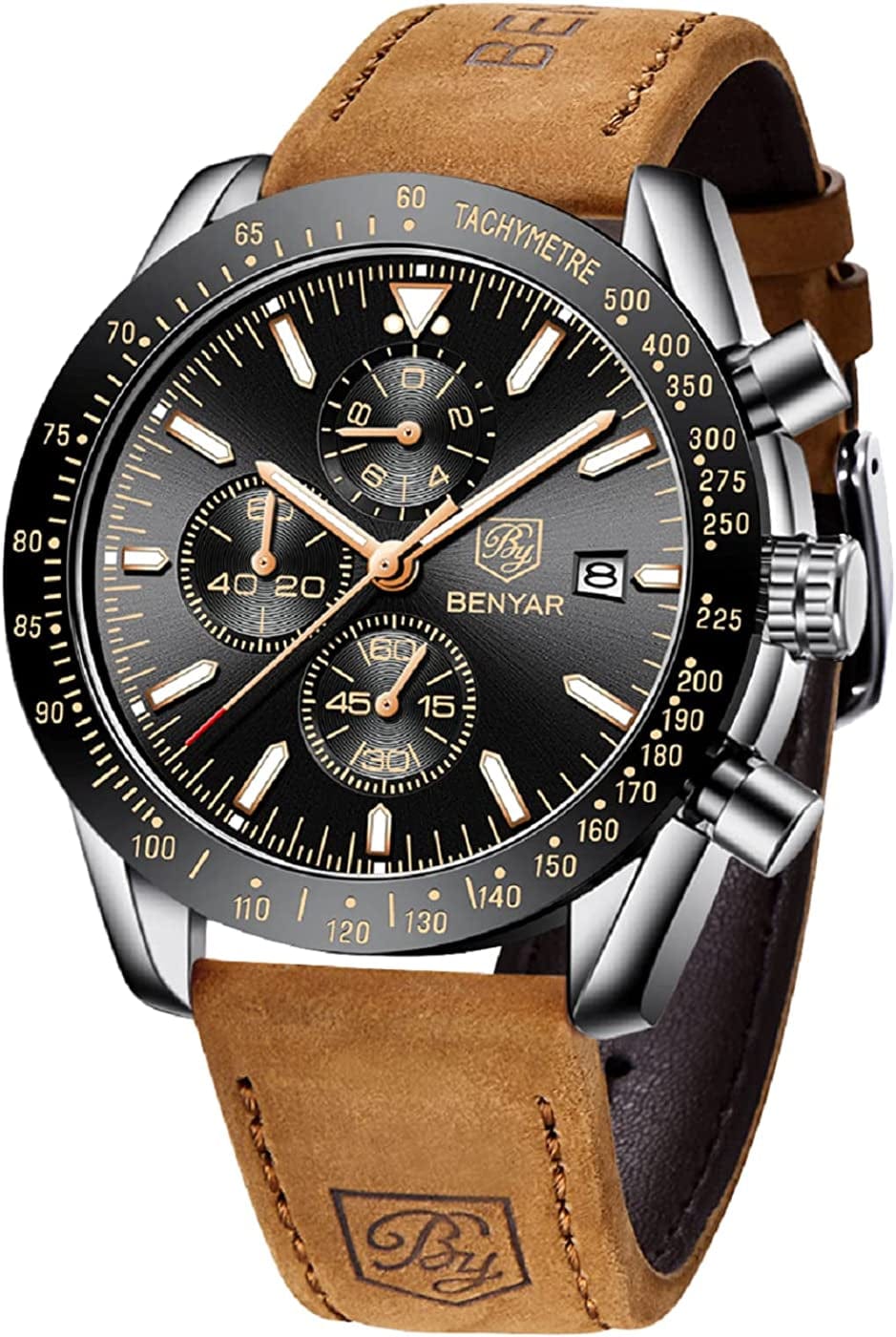 Mens Watches by BENYAR Chronograph Analog Quartz Movement Stylish Sports Designer Wrist Watch 30M Waterproof Elegant Gift Watch for Men Black