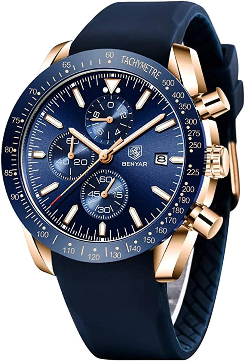 Mens Watches by BENYAR Chronograph Analog Quartz Movement Stylish Sports Designer Wrist Watch 30M Waterproof Elegant Gift Watch for Men Gold Blue