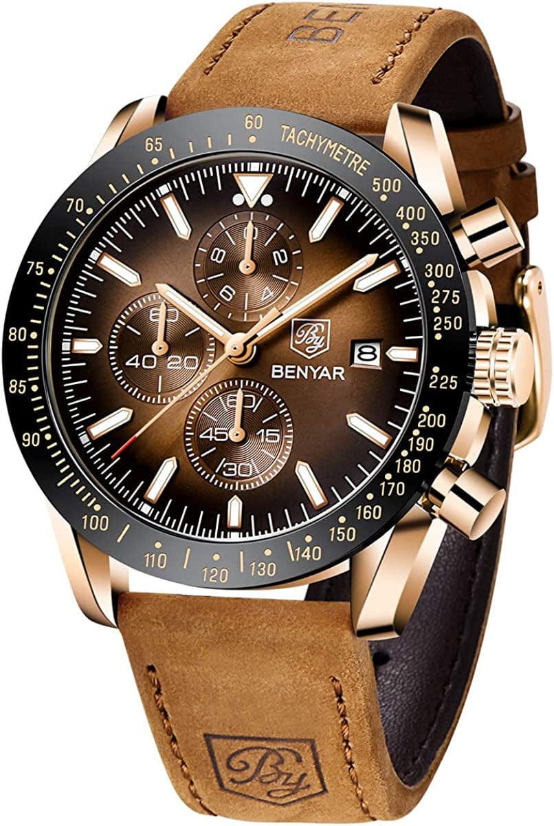 Mens Watches by BENYAR Chronograph Analog Quartz Movement Stylish Sports Designer Wrist Watch 30M Waterproof Elegant Gift Watch for Men Brown