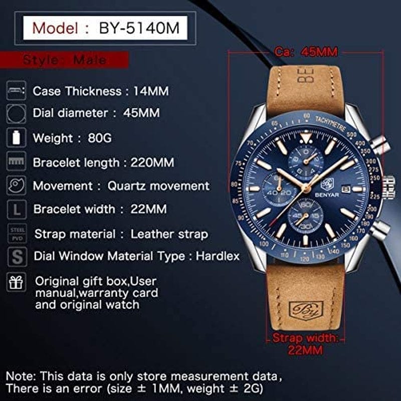 Mens Watches by BENYAR Chronograph Analog Quartz Movement Stylish Sports Designer Wrist Watch 30M Waterproof Elegant Gift Watch for Men