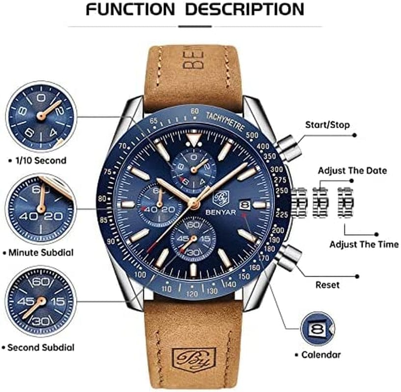 Mens Watches by BENYAR Chronograph Analog Quartz Movement Stylish Sports Designer Wrist Watch 30M Waterproof Elegant Gift Watch for Men