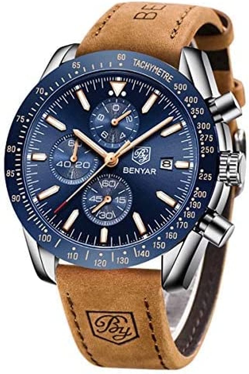Mens Watches by BENYAR Chronograph Analog Quartz Movement Stylish Sports Designer Wrist Watch 30M Waterproof Elegant Gift Watch for Men Blue