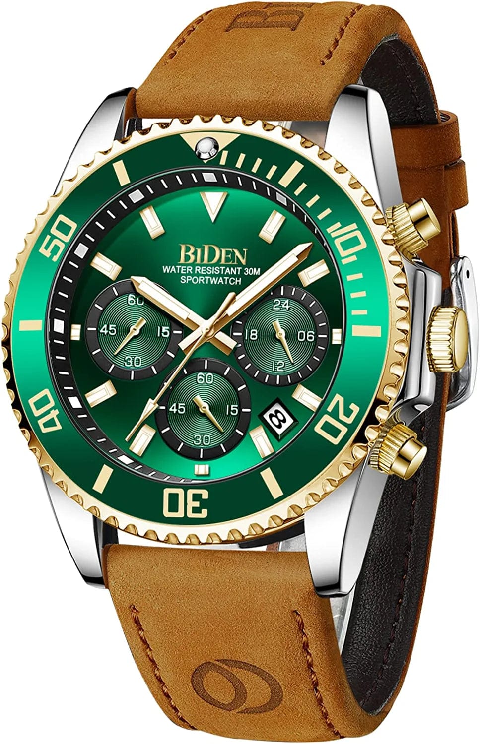 Mens Watches Chronograph Stainless Steel Waterproof Date Analog Quartz Watch Business Wrist Watches for Men brown silver green
