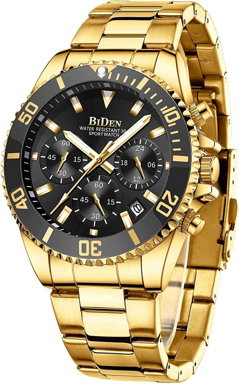 Mens Watches Chronograph Stainless Steel Waterproof Date Analog Quartz Watch Business Wrist Watches for Men A8-All Gold Black