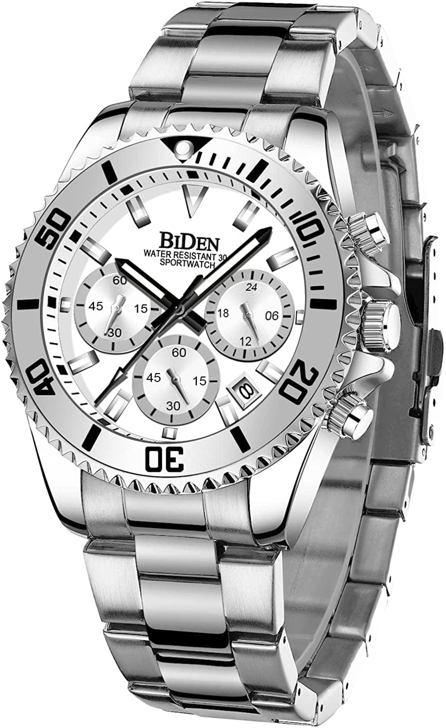 Mens Watches Chronograph Stainless Steel Waterproof Date Analog Quartz Watch Business Wrist Watches for Men Silver a