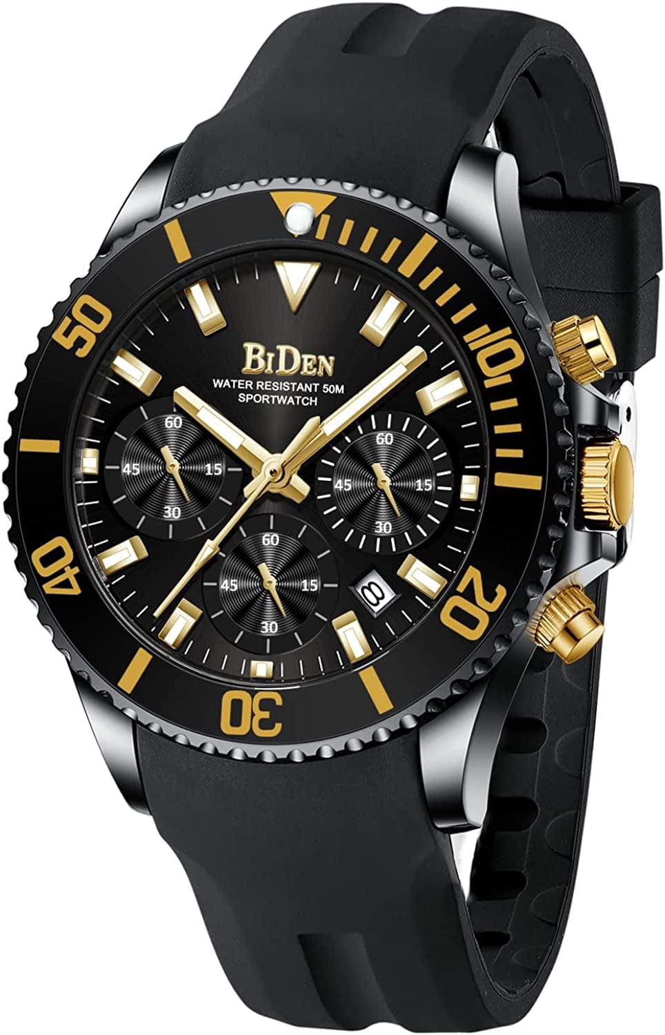 Mens Watches Chronograph Stainless Steel Waterproof Date Analog Quartz Watch Business Wrist Watches for Men Black Gold-Silica gel