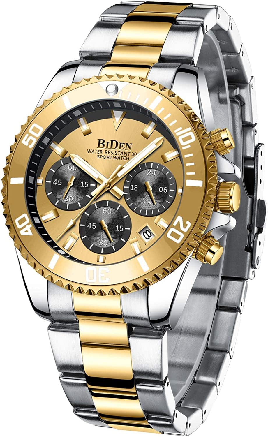 Mens Watches Chronograph Stainless Steel Waterproof Date Analog Quartz Watch Business Wrist Watches for Men A10-White