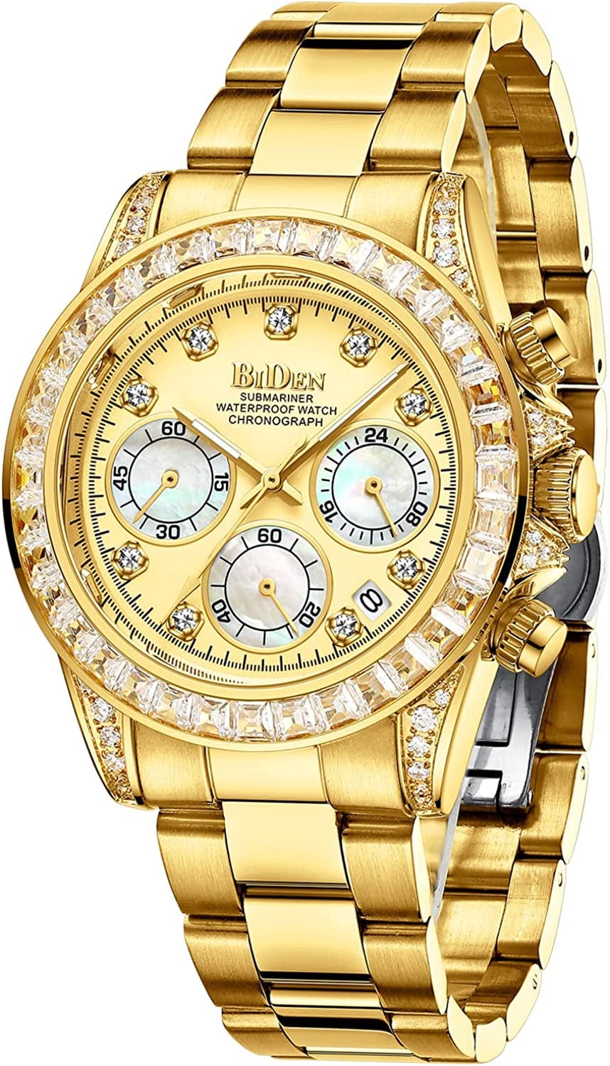 Mens Watches Chronograph Stainless Steel Waterproof Date Analog Quartz Watch Business Wrist Watches for Men Gold e