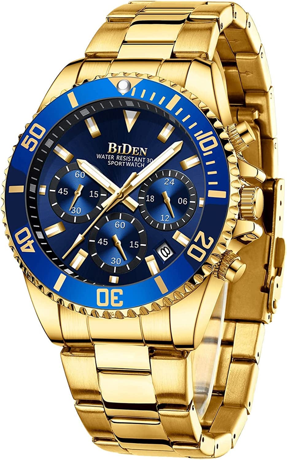 Mens Watches Chronograph Stainless Steel Waterproof Date Analog Quartz Watch Business Wrist Watches for Men A6-Blue Gold