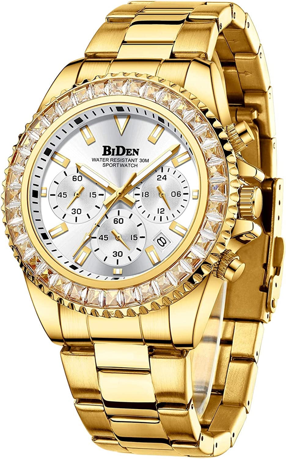 Mens Watches Chronograph Stainless Steel Waterproof Date Analog Quartz Watch Business Wrist Watches for Men Gold Blue a