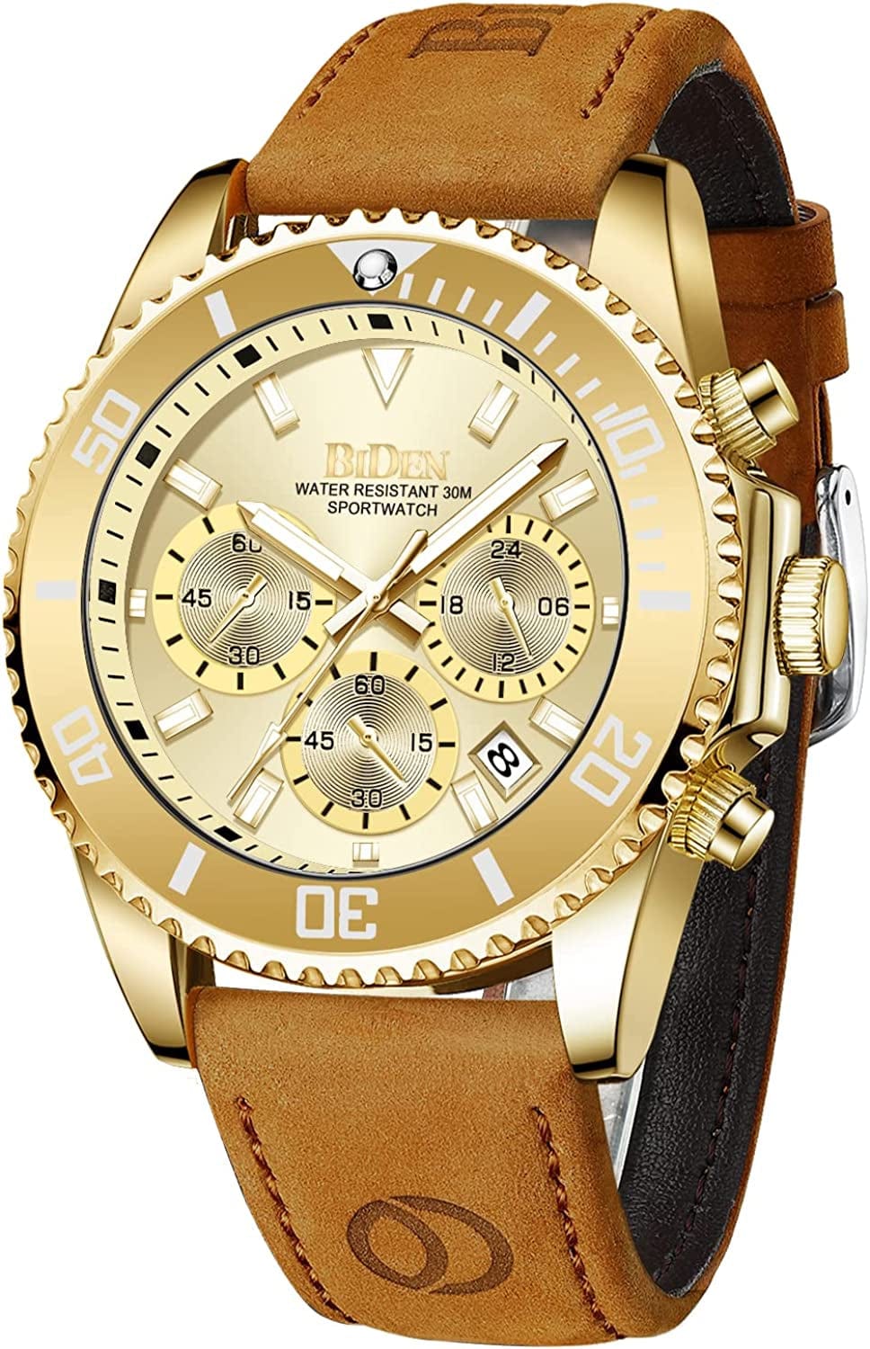 Mens Watches Chronograph Stainless Steel Waterproof Date Analog Quartz Watch Business Wrist Watches for Men Gold r