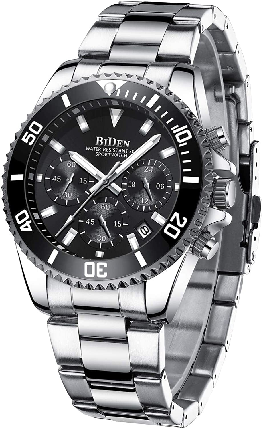 Mens Watches Chronograph Stainless Steel Waterproof Date Analog Quartz Watch Business Wrist Watches for Men A2-Silver