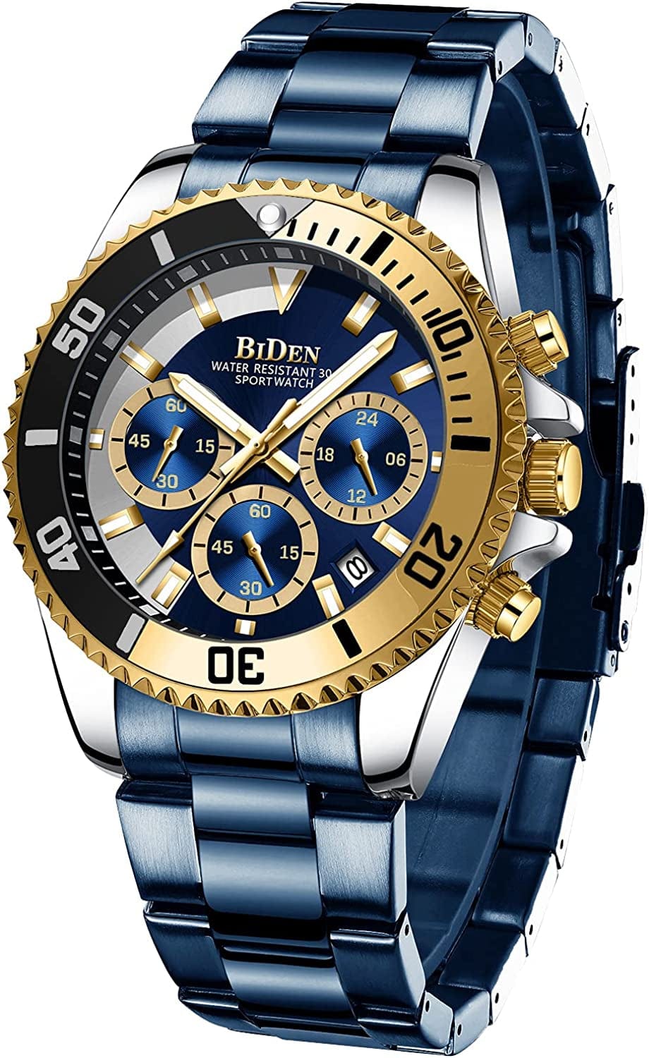 Mens Watches Chronograph Stainless Steel Waterproof Date Analog Quartz Watch Business Wrist Watches for Men Silver blue