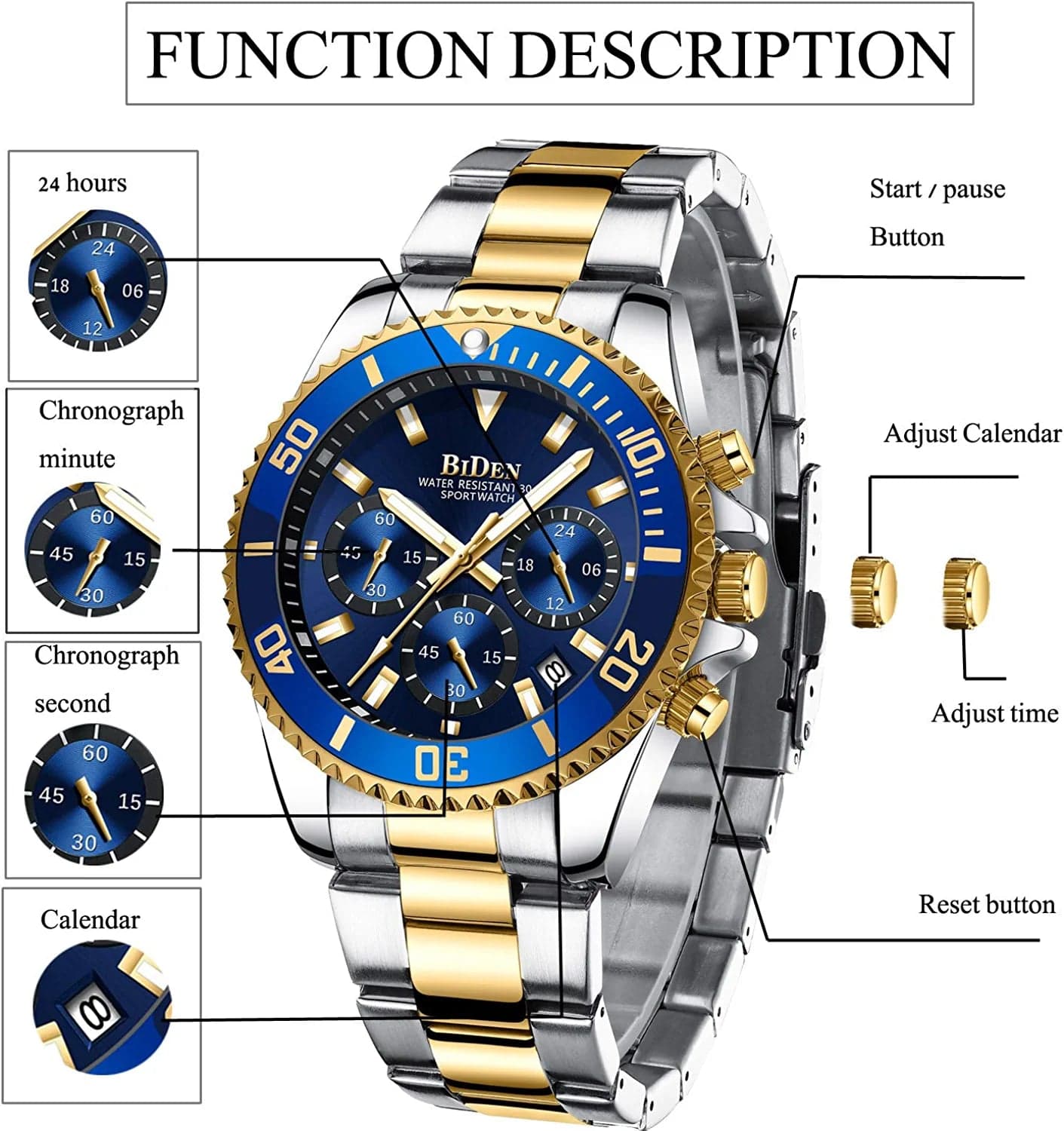 Mens Watches Chronograph Stainless Steel Waterproof Date Analog Quartz Watch Business Wrist Watches for Men