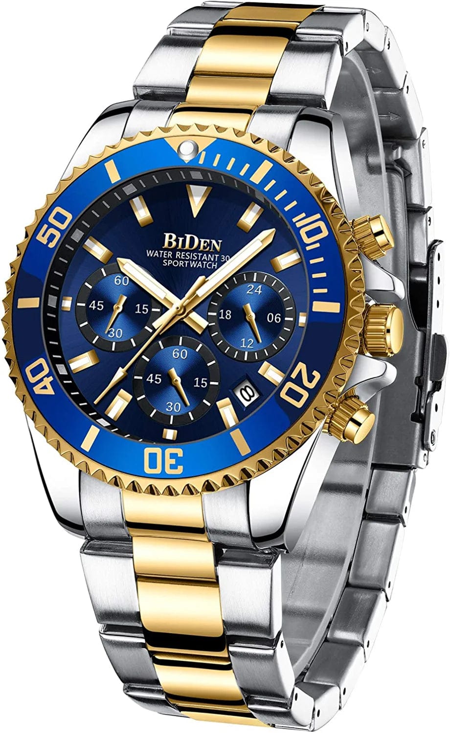 Mens Watches Chronograph Stainless Steel Waterproof Date Analog Quartz Watch Business Wrist Watches for Men A1-bule