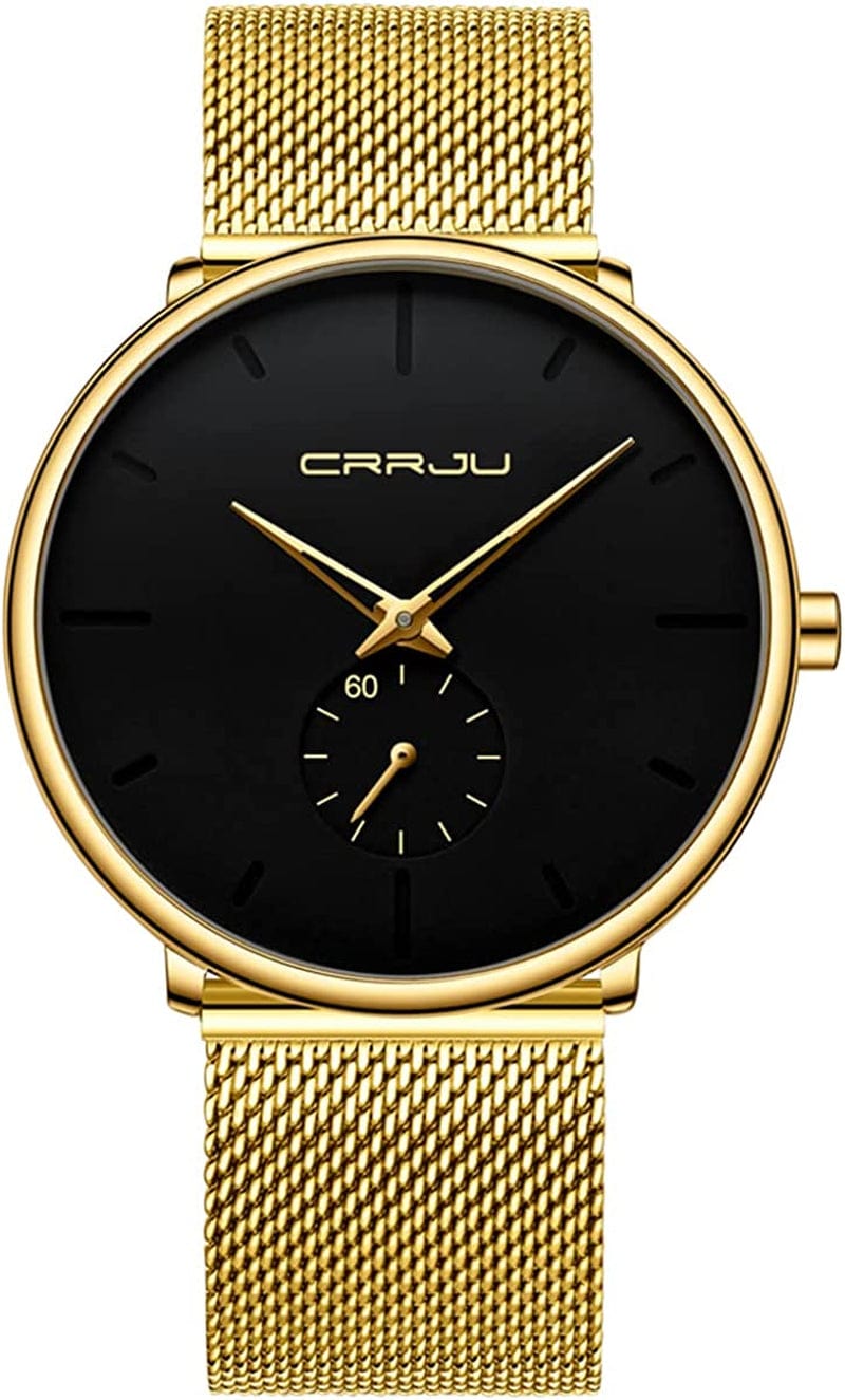 Mens Watches Ultra-Thin Minimalist Waterproof - Fashion Wrist Watch for Men Unisex Dress with Stainless Steel Mesh Band black gold
