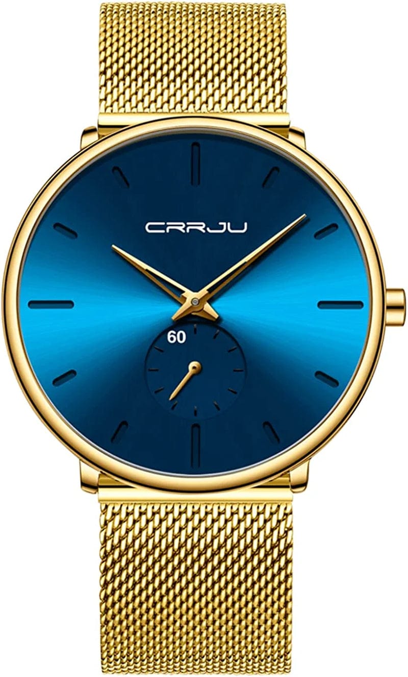 Mens Watches Ultra-Thin Minimalist Waterproof - Fashion Wrist Watch for Men Unisex Dress with Stainless Steel Mesh Band blue gold