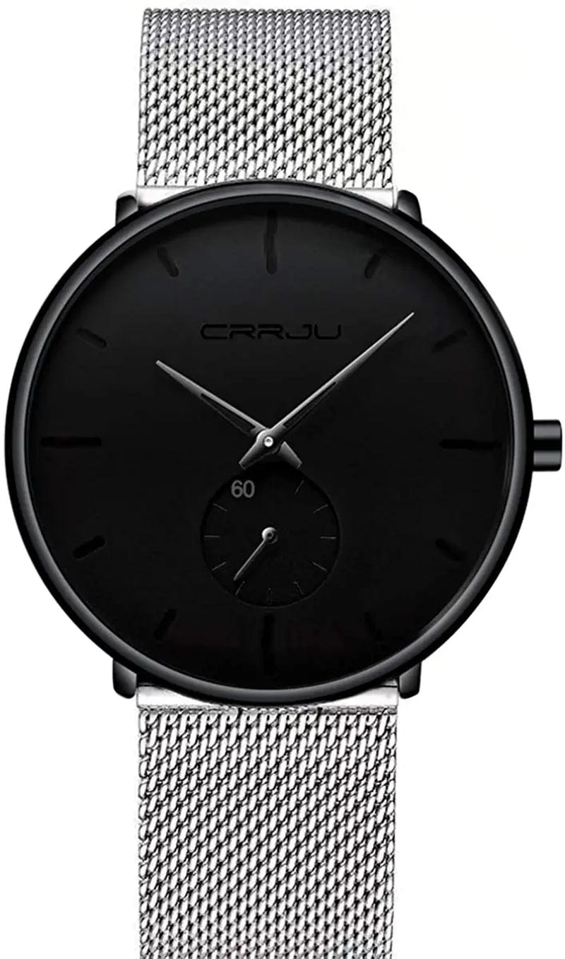 Mens Watches Ultra-Thin Minimalist Waterproof - Fashion Wrist Watch for Men Unisex Dress with Stainless Steel Mesh Band Black silver