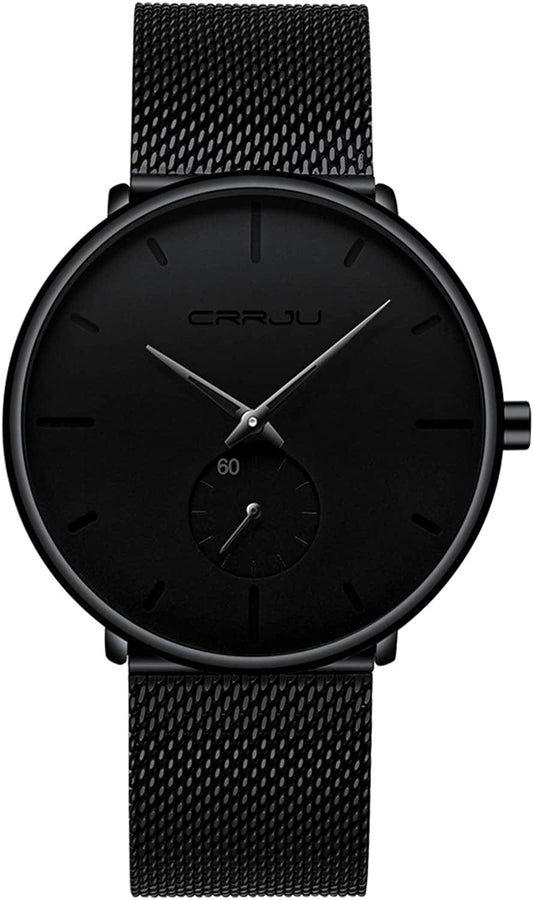 Mens Watches Ultra-Thin Minimalist Waterproof - Fashion Wrist Watch for Men Unisex Dress with Stainless Steel Mesh Band Black