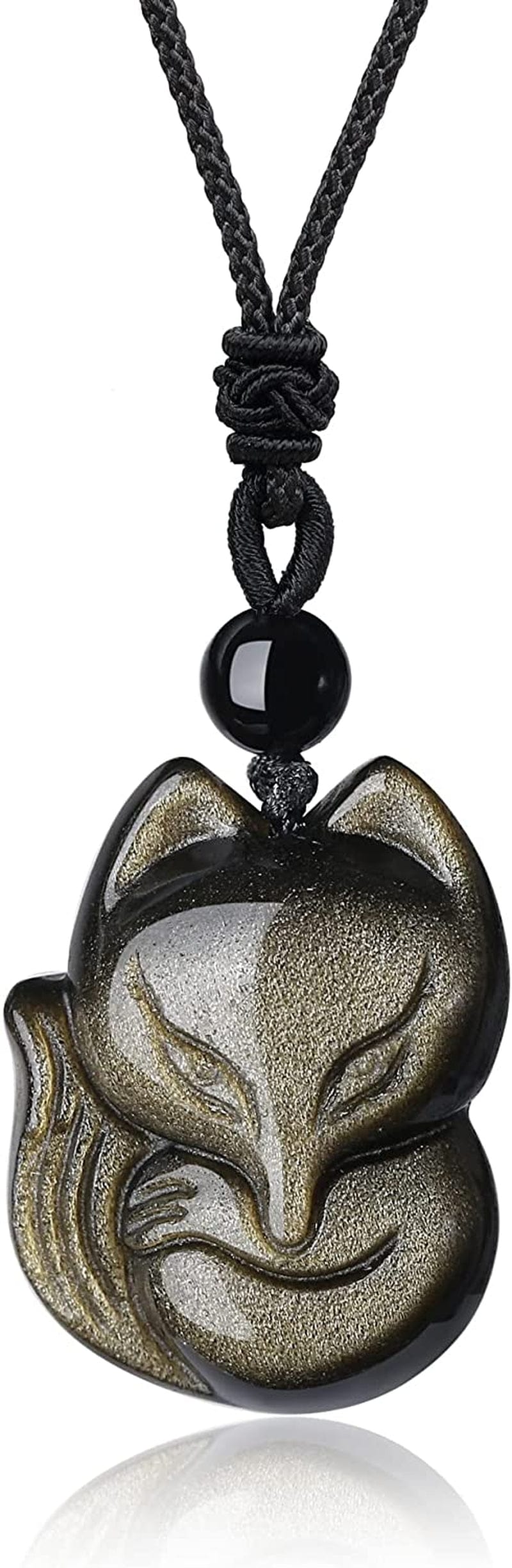 Mens Womens Stone Fox Pendant Necklace Golden Obsidian