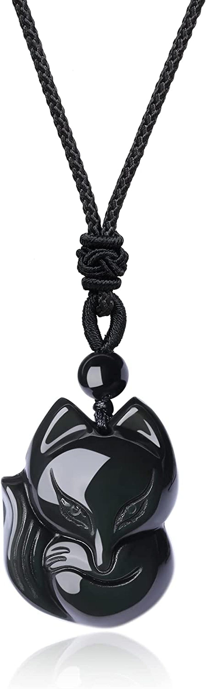 Mens Womens Stone Fox Pendant Necklace Black Obsidian