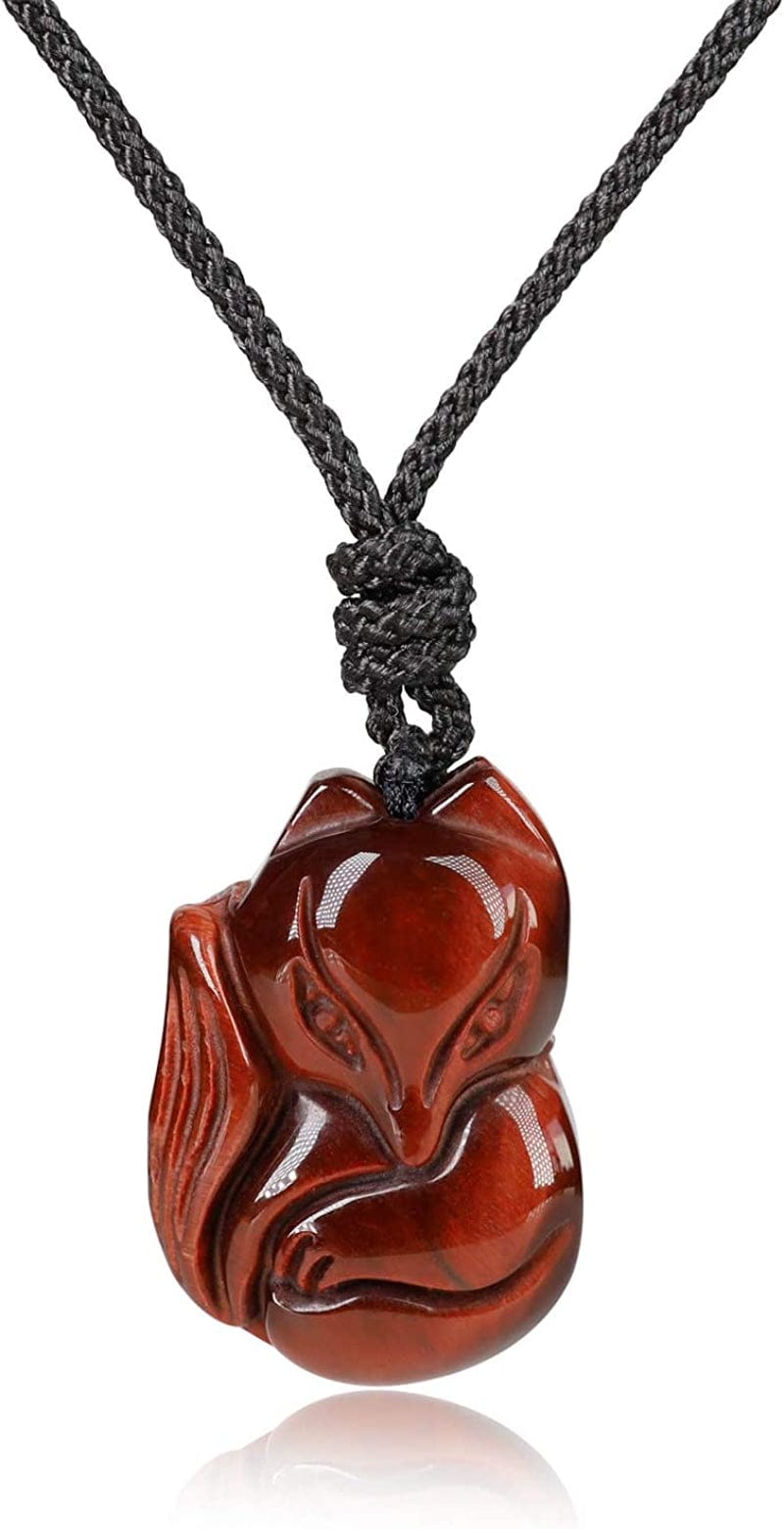 Mens Womens Stone Fox Pendant Necklace Red Tiger Eye