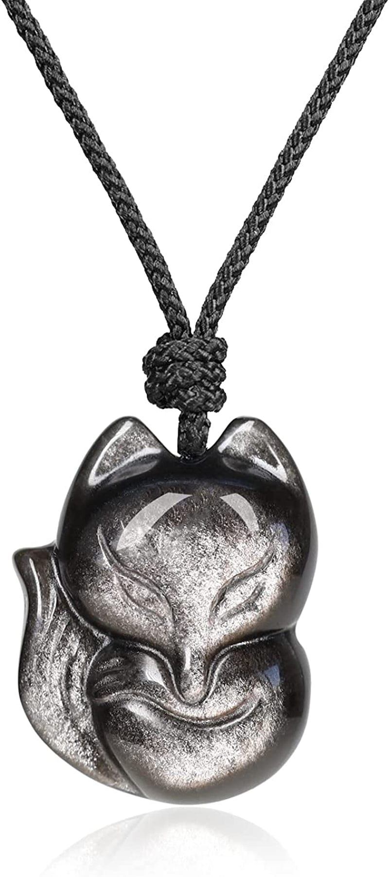 Mens Womens Stone Fox Pendant Necklace Silver Sheen Obsidian