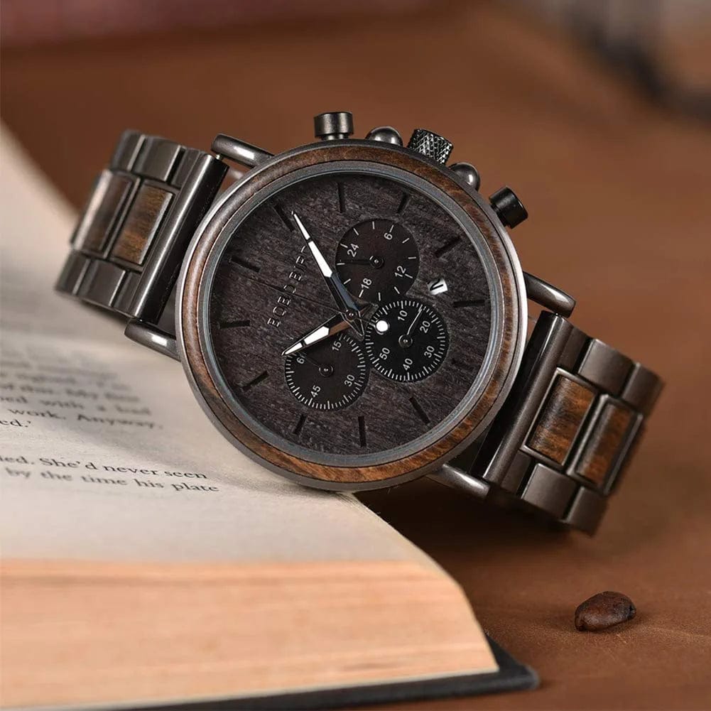 Mens Wooden Watches Business Casual Wristwatches Stylish Ebony Wood & Stainless Steel Combined Chronograph with Wooden Box (Grey)