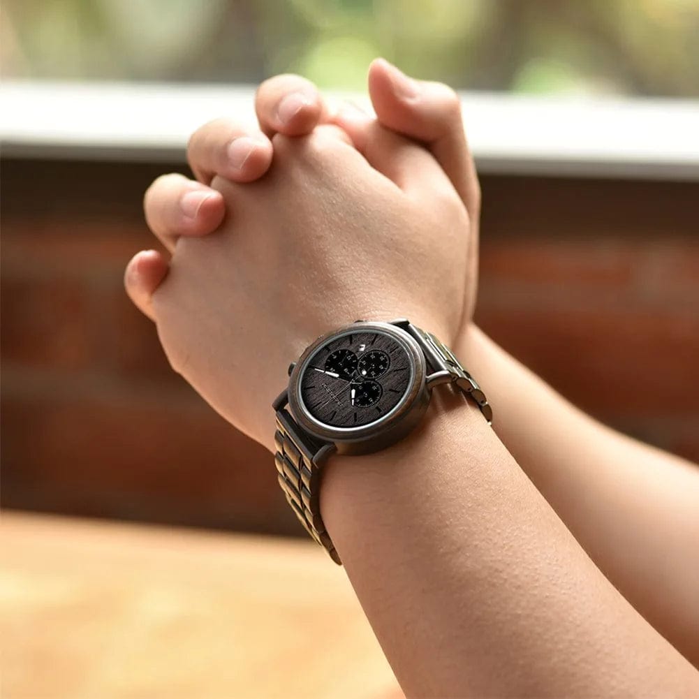 Mens Wooden Watches Business Casual Wristwatches Stylish Ebony Wood & Stainless Steel Combined Chronograph with Wooden Box (Grey)