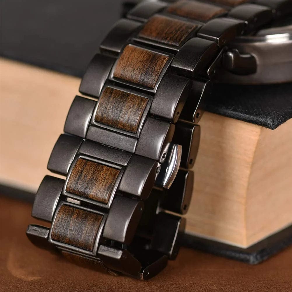 Mens Wooden Watches Business Casual Wristwatches Stylish Ebony Wood & Stainless Steel Combined Chronograph with Wooden Box (Grey)