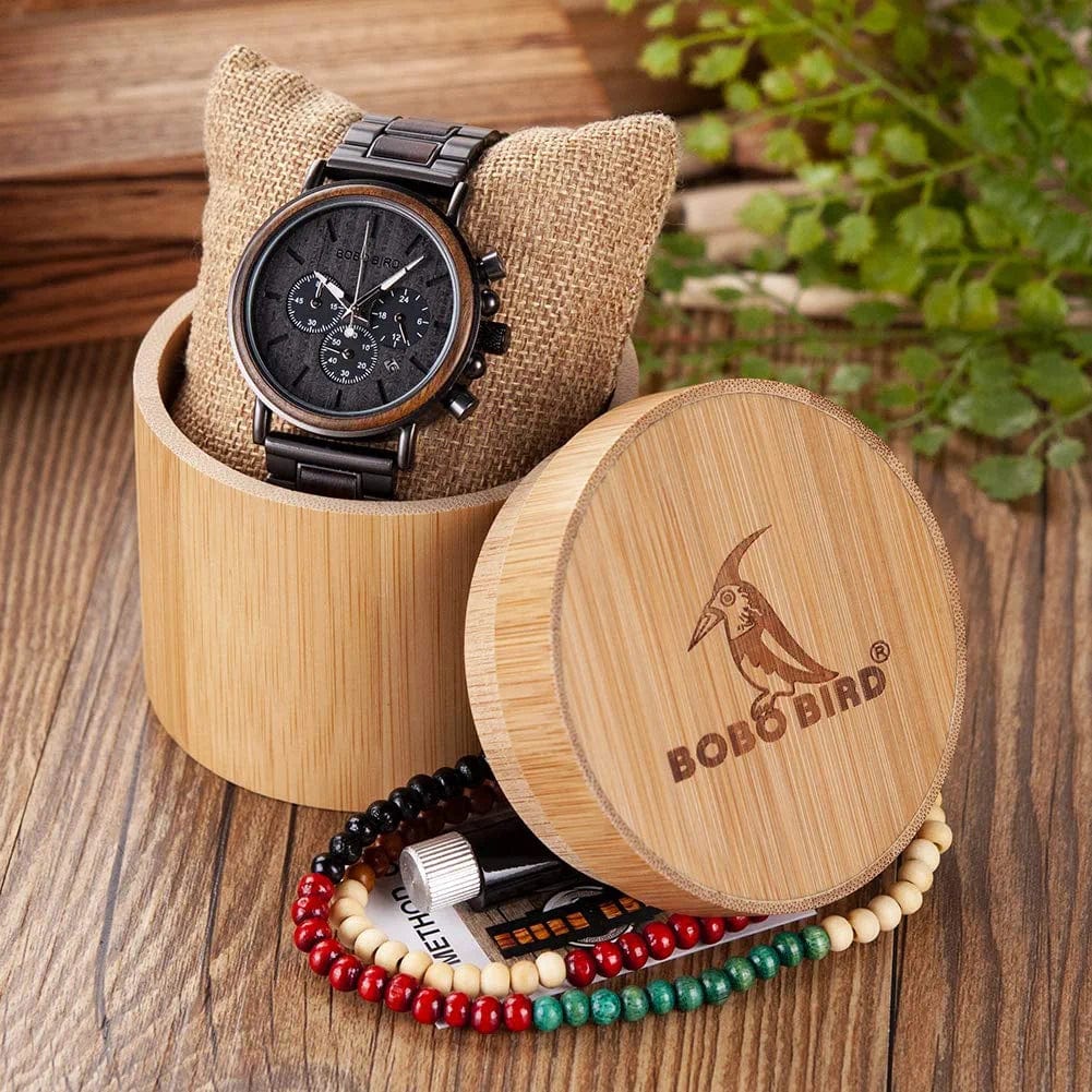 Mens Wooden Watches Business Casual Wristwatches Stylish Ebony Wood & Stainless Steel Combined Chronograph with Wooden Box (Grey)