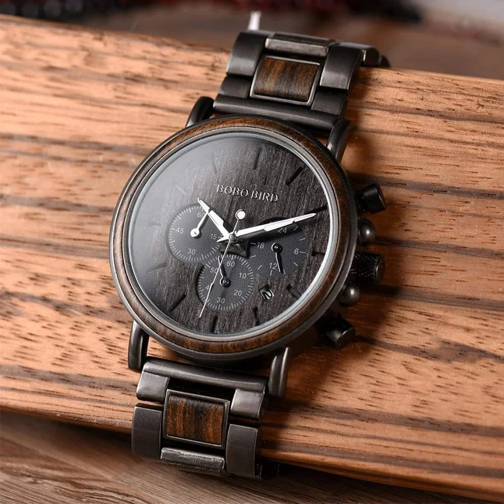 Mens Wooden Watches Business Casual Wristwatches Stylish Ebony Wood & Stainless Steel Combined Chronograph with Wooden Box (Grey)