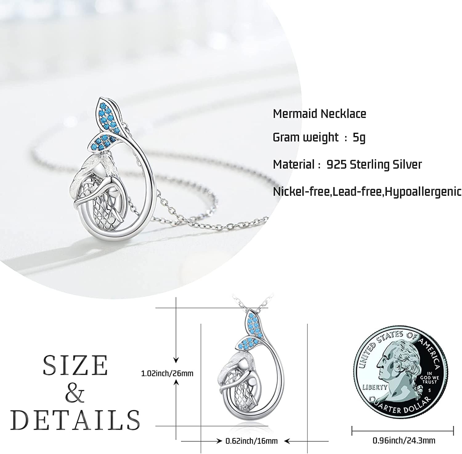 Mermaid Necklace 925 Sterling Silver Little Mermaid Necklace Sea Mermaid Jewelry Gifts for Teen Women Girls C