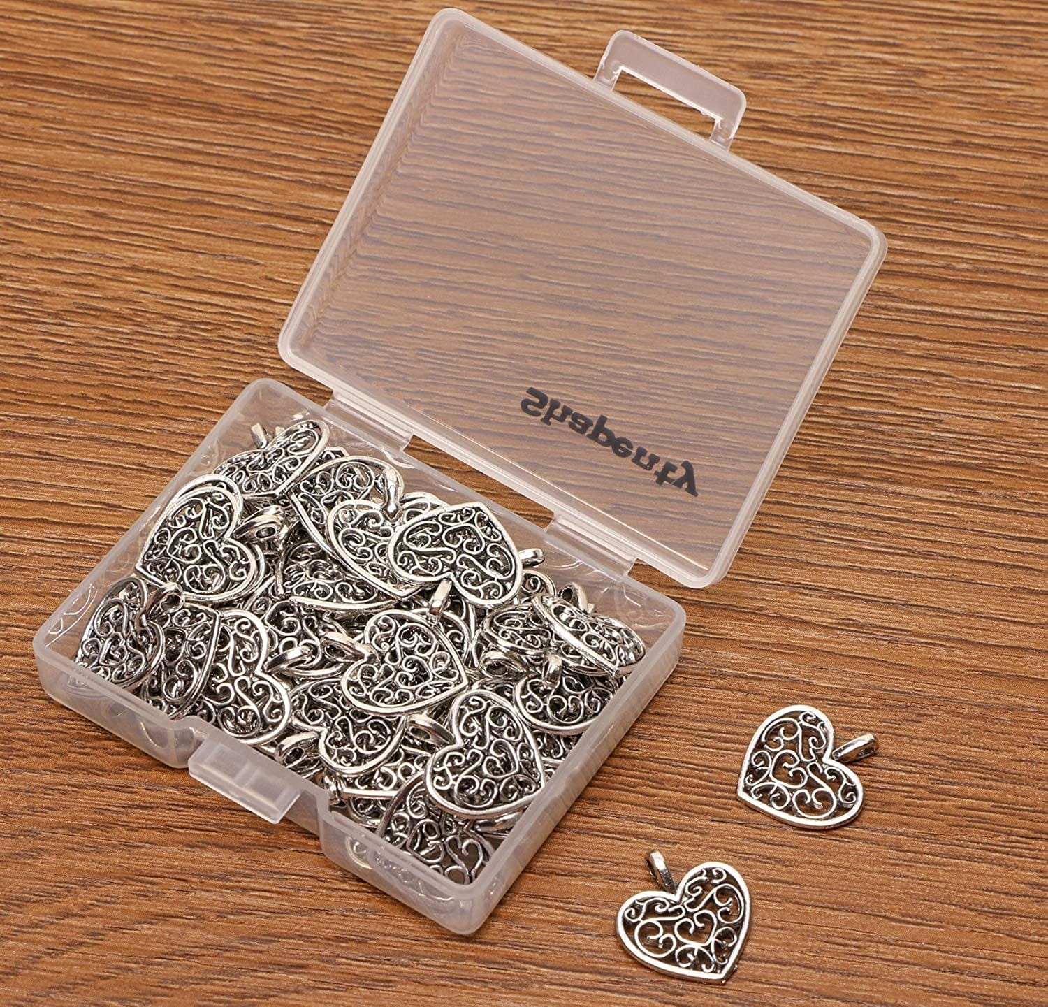 Metal Heart Charms Beads Bulk for DIY Craft Pendants Bracelet Necklace Earring Keychain Jewelry Making Finding Accessory, Silver, 50PCS