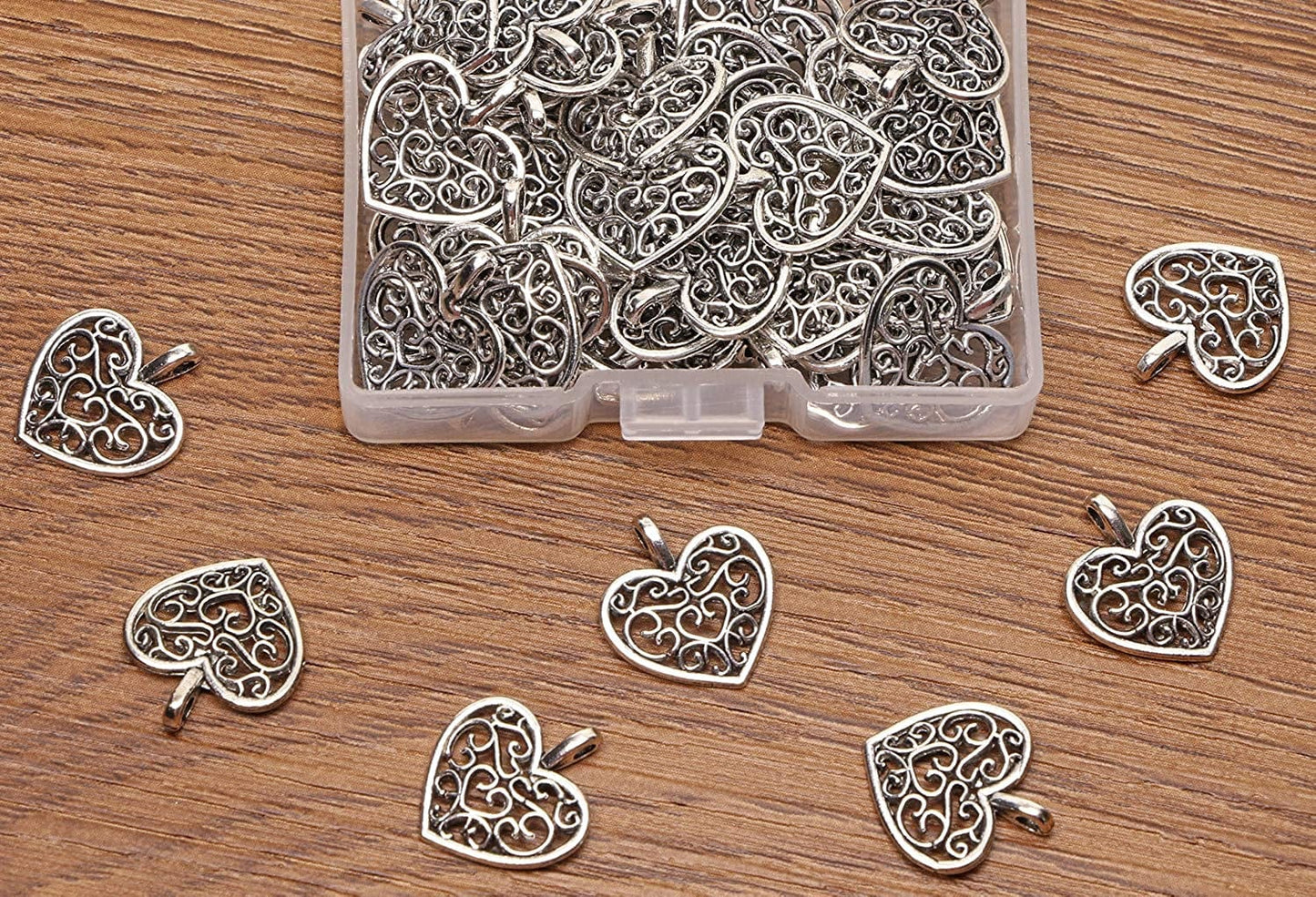 Metal Heart Charms Beads Bulk for DIY Craft Pendants Bracelet Necklace Earring Keychain Jewelry Making Finding Accessory, Silver, 50PCS