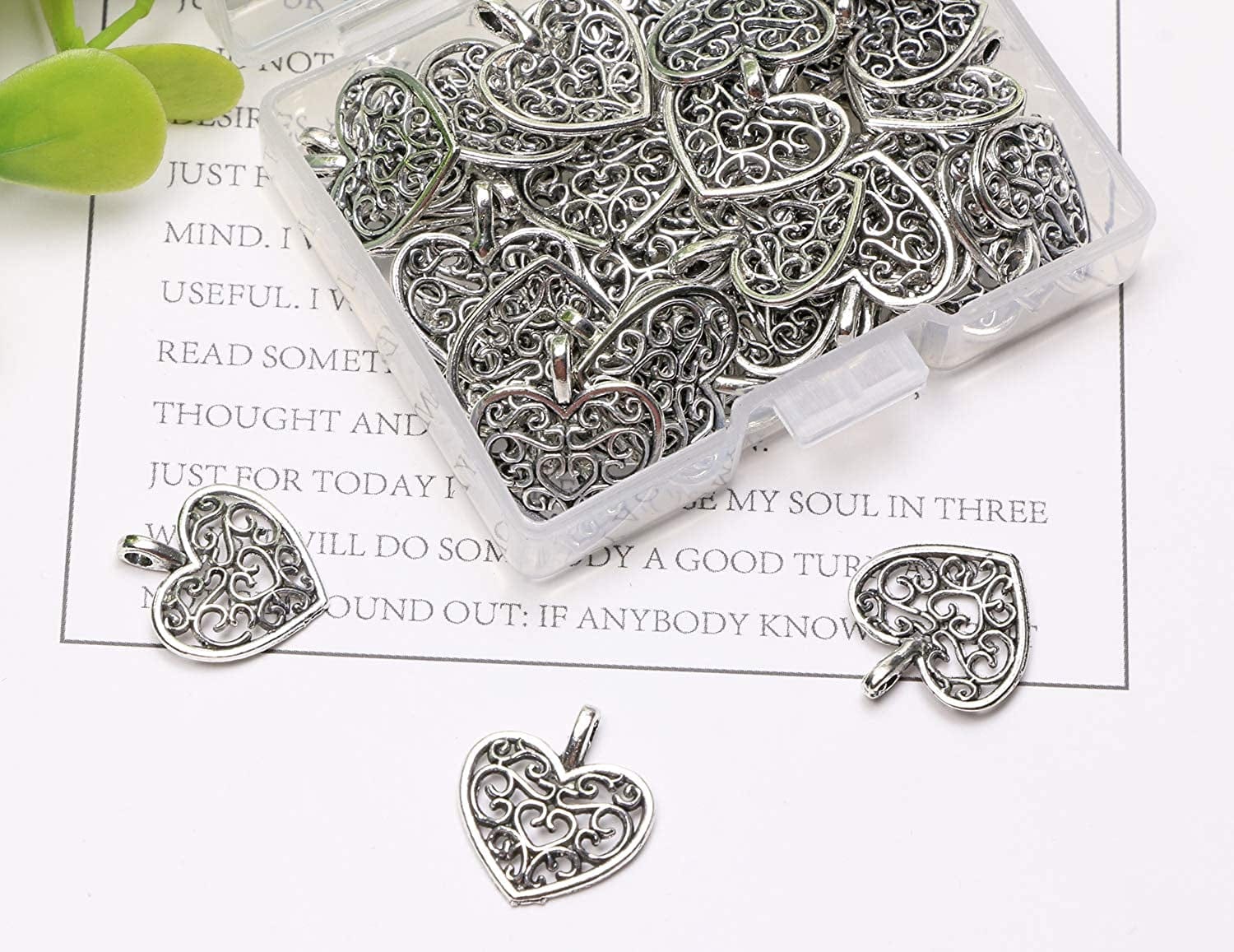 Metal Heart Charms Beads Bulk for DIY Craft Pendants Bracelet Necklace Earring Keychain Jewelry Making Finding Accessory, Silver, 50PCS
